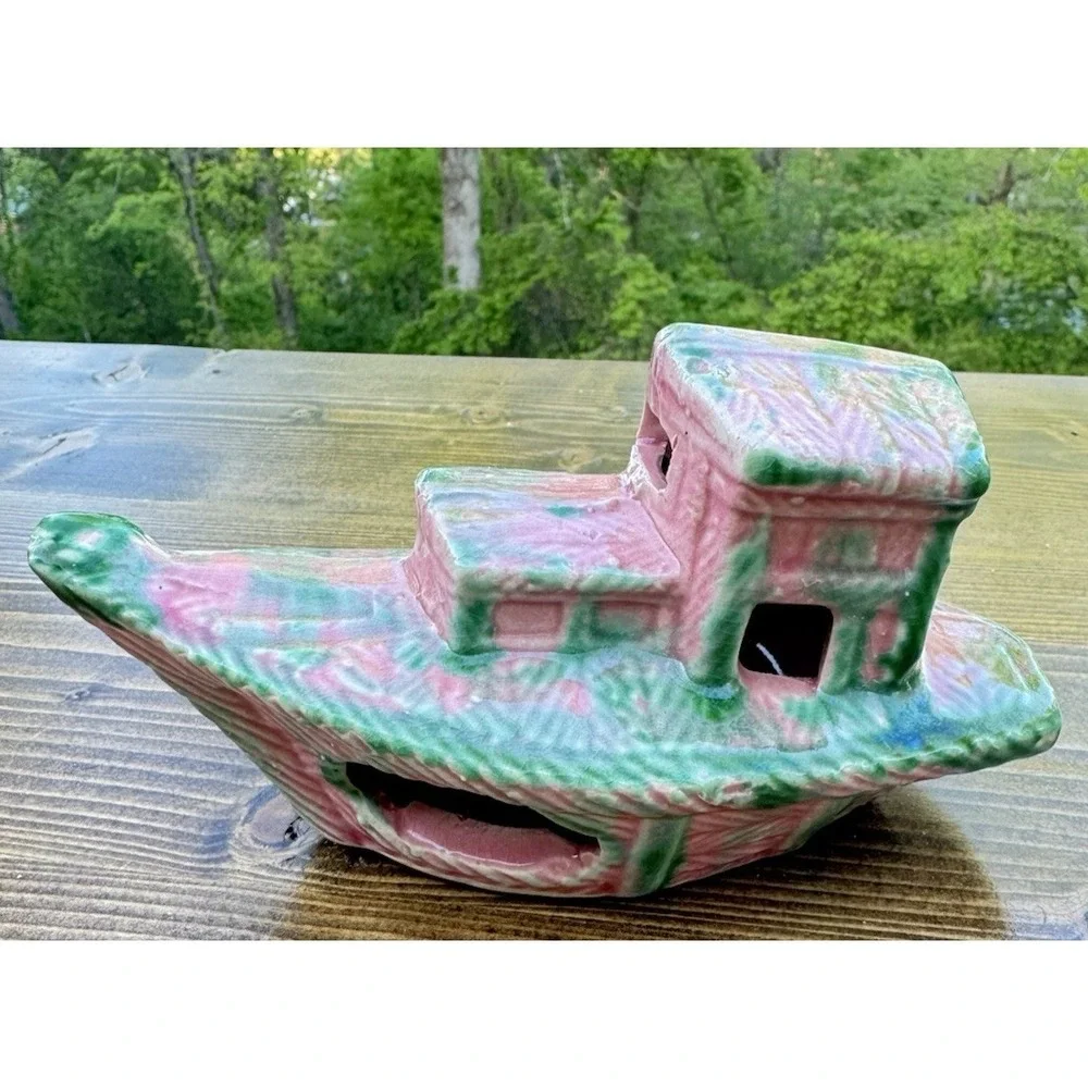 Vintage Hanaki Ceramic Tugboat Aquarium Ornament Fish Tank Boat Nautical Decor